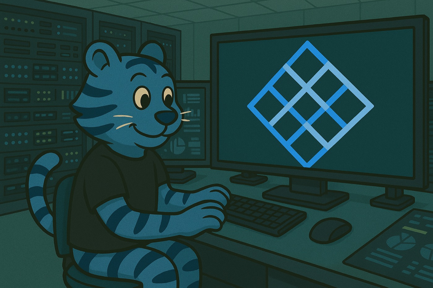 Illustration of the Tigris tiger mascot at a workstation displaying the LogSeam mark